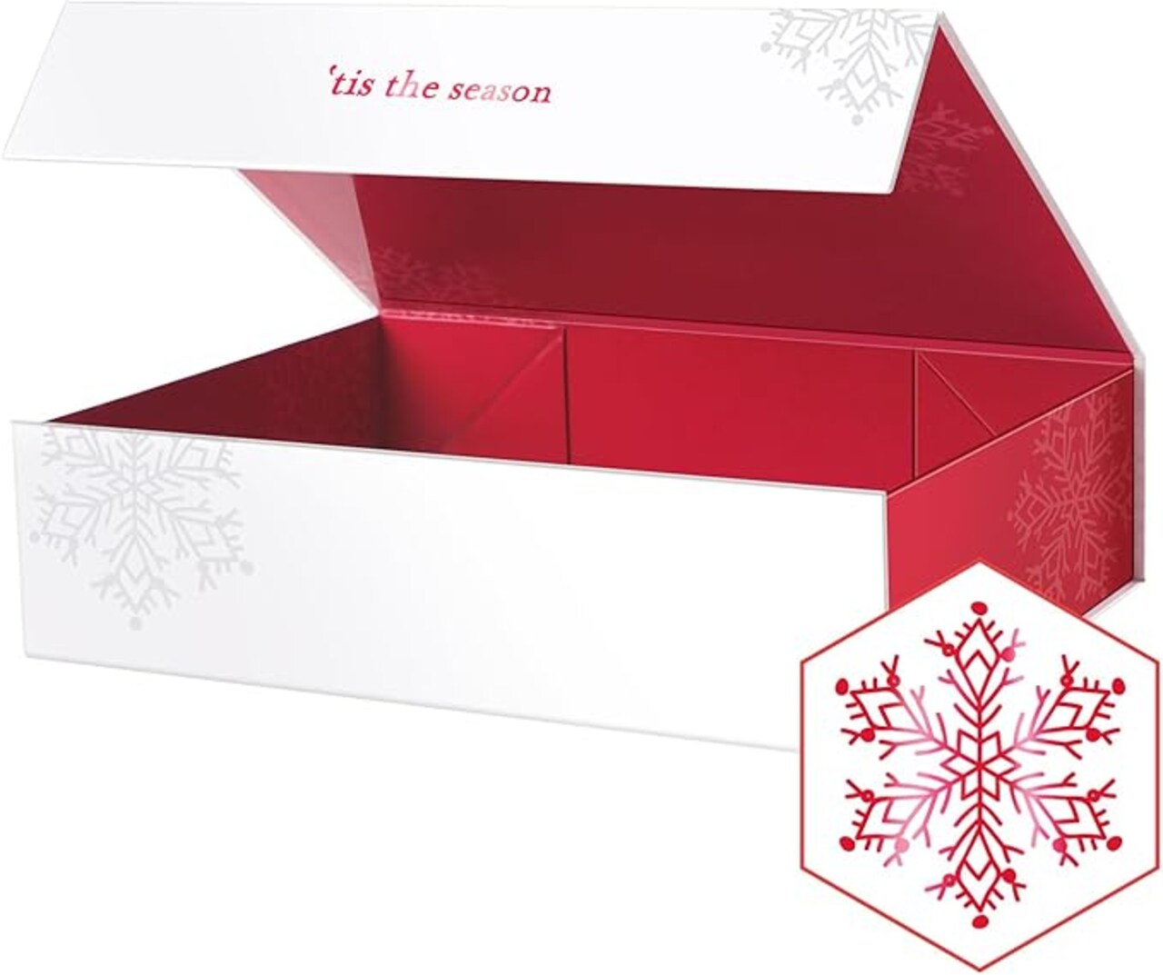 Christmas Gift Box 13x9.7x3.4 Inches, Large Gift Box with Lid, Sturdy Shirt Box with Magnetic Lid for Wrapping Gifts (Red Snowflake Pattern)
